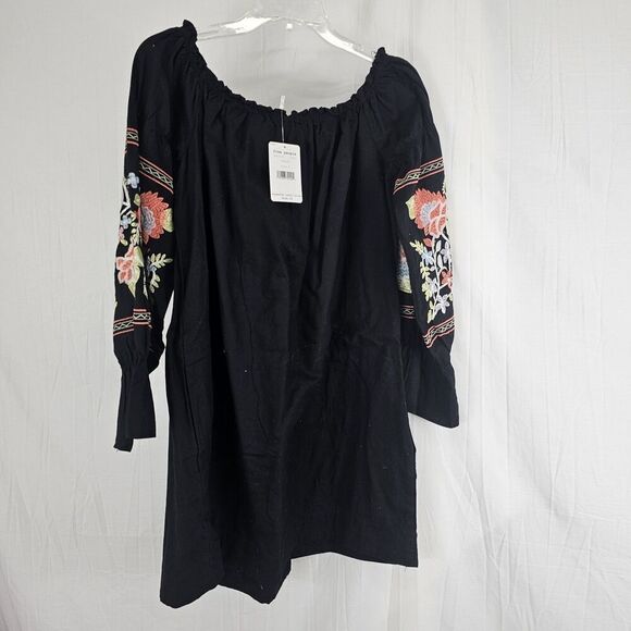 Free People Fleur Du Jour Black Embroidered Off The Shoulder Dress Size LARGE - Picture 9 of 10